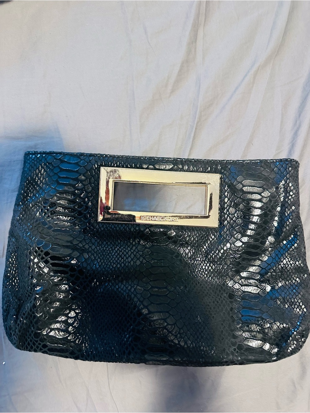 Michael Kors Black Snake-Embossed Wristlet Clutch with Gold Trim